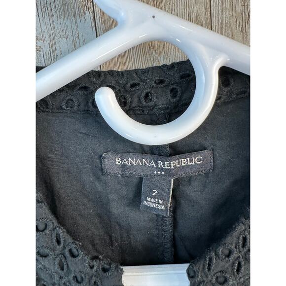 Banana Republic Eyelet Fit Flare Dress Womens 2 Black Split Neck Button‎ Front - Picture 5 of 9